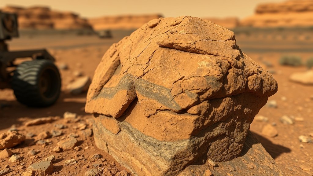 A close-up image of the coral-shaped rock found on Mars by NASA's Curiosity rover, with a Martian landscape in the background.
