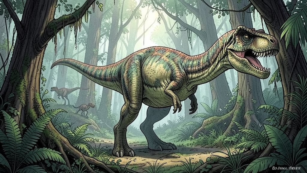 A detailed illustration of the newly discovered dinosaur, with a background of a lush, prehistoric forest, and a few other dinosaurs roaming in the distance.