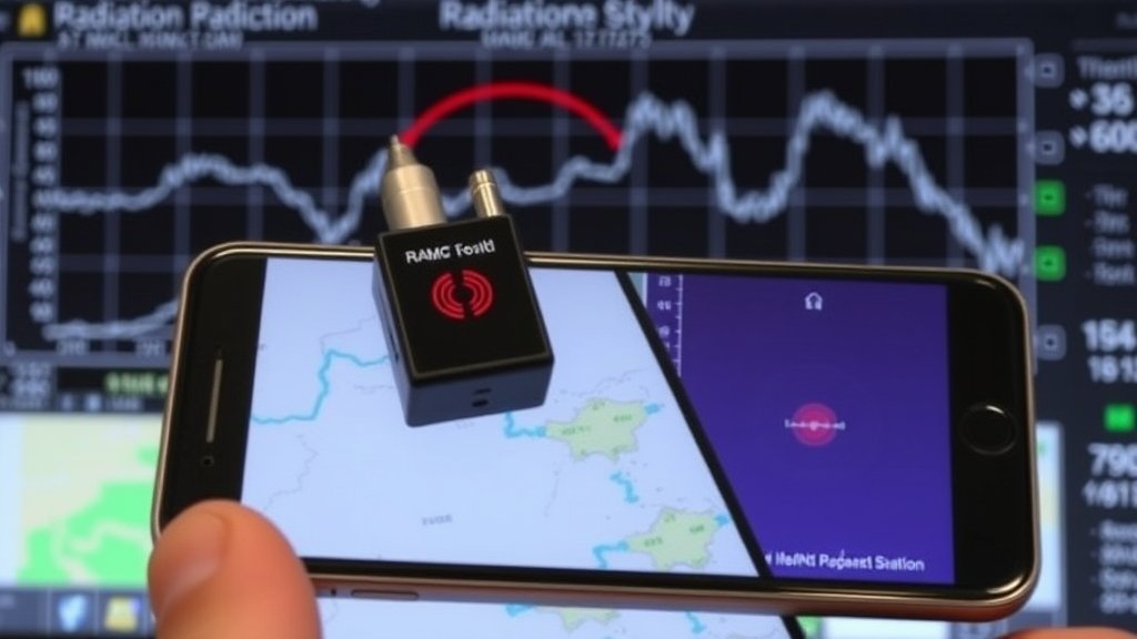 A smartphone with a low-cost radiation detection system attached, with a graph or map showing radiation levels in the background.