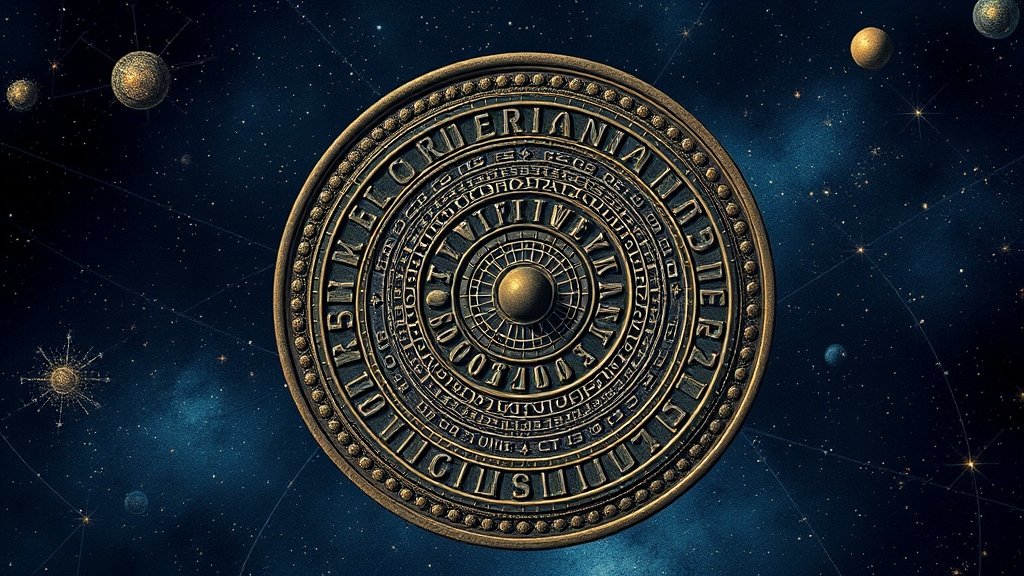 A detailed illustration of the Bronze Age disc with a backdrop of stars and celestial bodies, highlighting the ancient astronomy app's mapping of the cosmos.