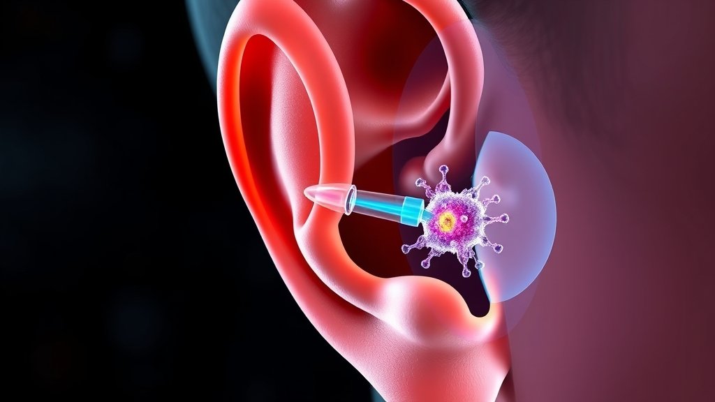 A detailed illustration of a human ear with 3D views of sensory cells, highlighting the latest research advancements in hearing technology