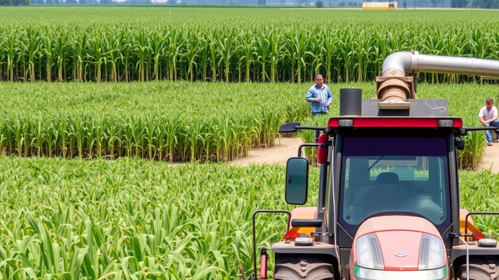 A photo of a sugar mill with a large field of sugarcane in the background, with a tractor or harvesting machine in the foreground, and a few workers in the distance, highlighting the use of enzyme technology to combat sucrose loss.