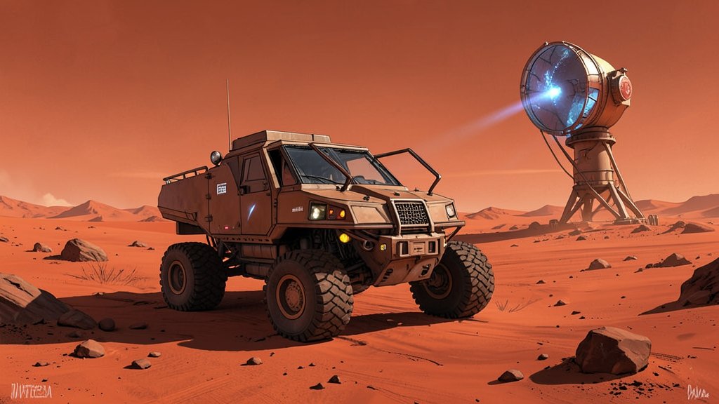 A futuristic illustration of a Mars rover exploring the Martian surface with a water extraction device in the background