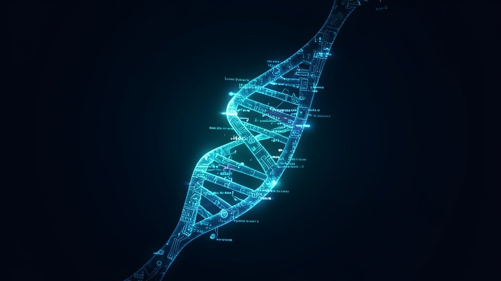 An illustration of a DNA double helix with a subtle glow of artificial intelligence elements, such as circuit boards or code, integrated into the structure, symbolizing the fusion of genetics and AI.