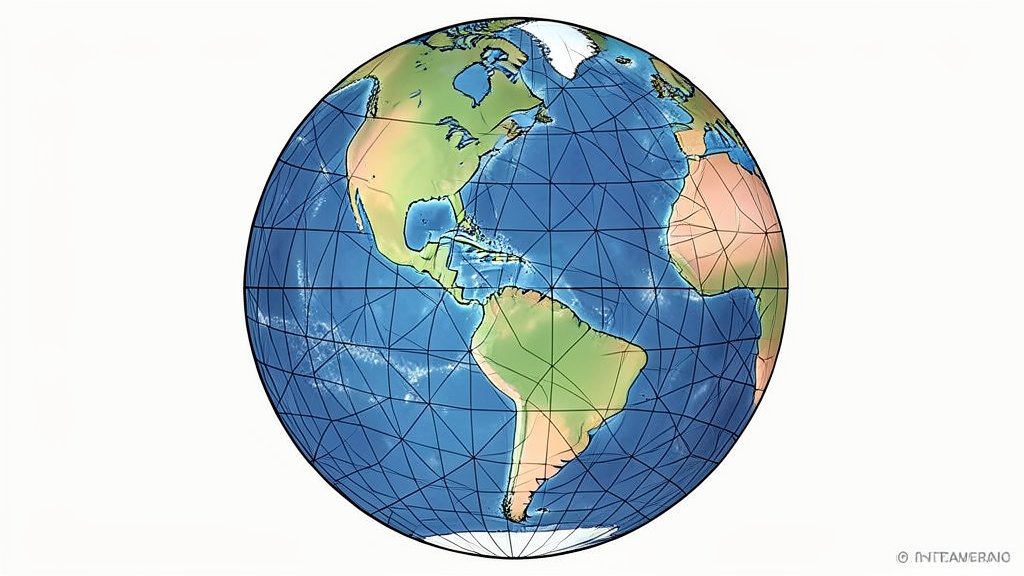 An illustration of the Earth with a spherical grid overlay, highlighting the geometric structure of the planet's systems