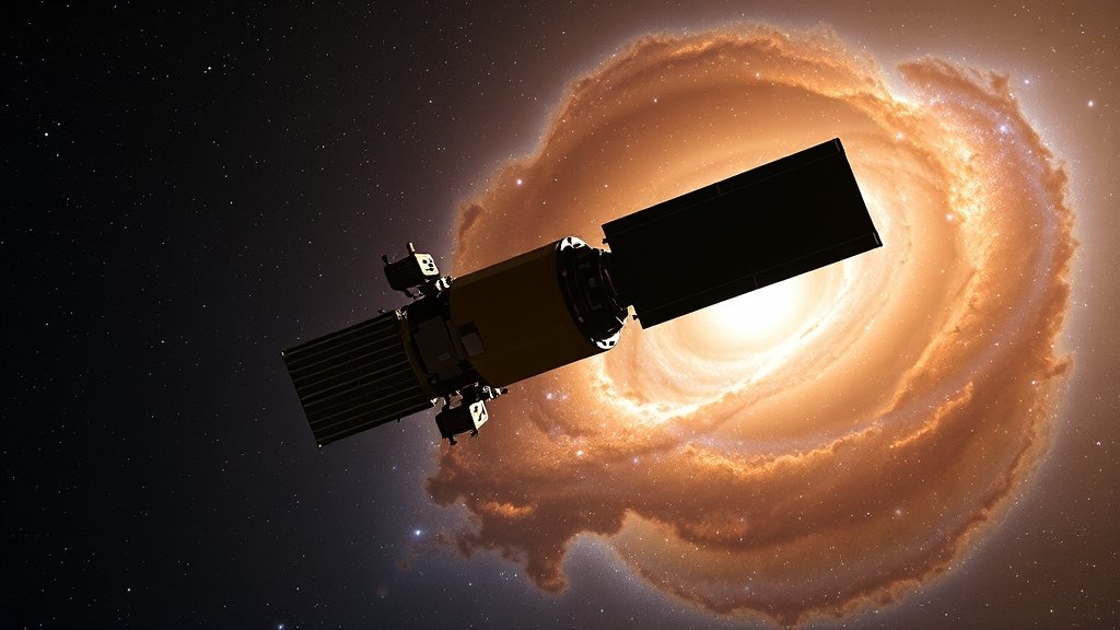 A high-resolution image of the James Webb Space Telescope in space, with a stunning galaxy in the background, showcasing the telescope's incredible capabilities.