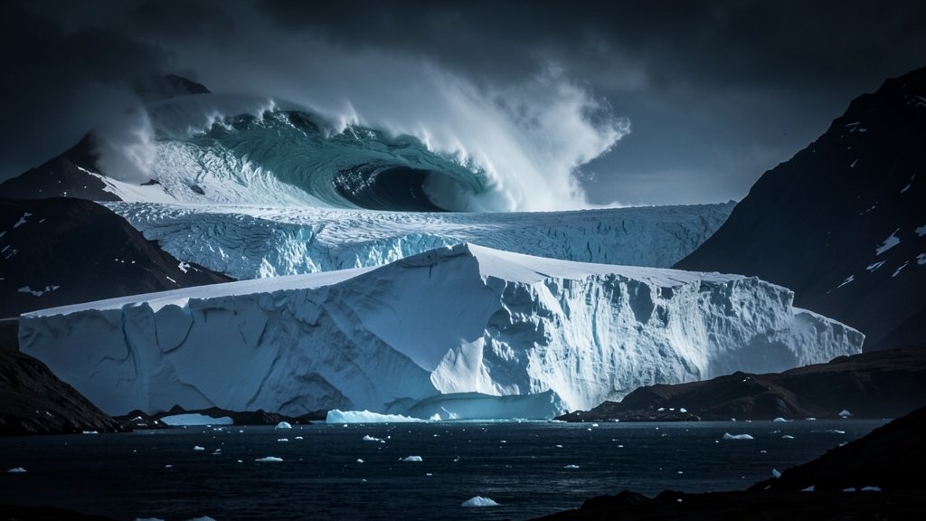 A dramatic image of a massive iceberg breaking off from the Doomsday Glacier, with a huge wave forming in the background, set against a dark and ominous Antarctic landscape.