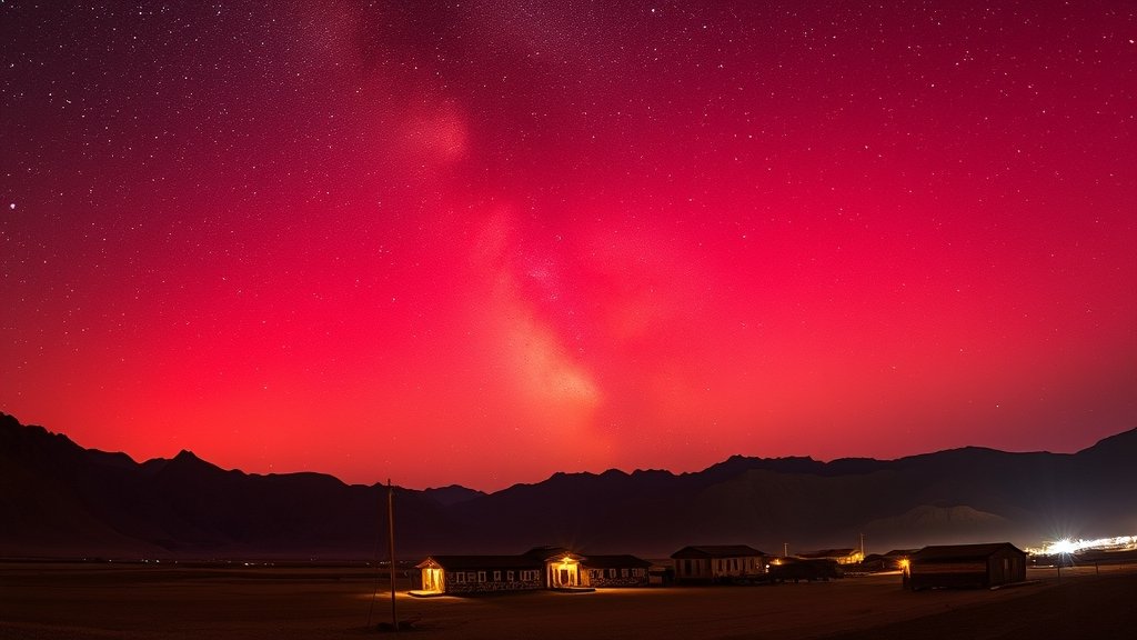 A breathtaking image of the blood-red night sky over Ladakh's Hanle village, with the Milky Way visible and a few stars twinkling in the distance, capturing the rare and awe-inspiring phenomenon of the red aurora.