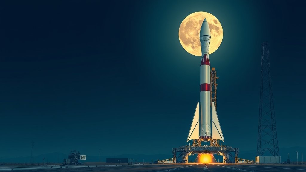 A detailed illustration of the Artemis II rocket on a launch pad, with a full moon in the background, highlighting the rocket's components and the surrounding launch infrastructure.