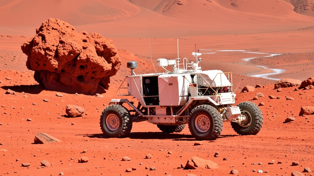 A high-resolution image of the Curiosity rover on Mars, with a coral-shaped rock in the background, and a subtle hint of water flowing in the distance.