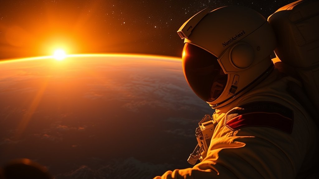 An astronaut capturing a stunning sunset from space with a golden cosmic horizon, with the Earth visible in the background.