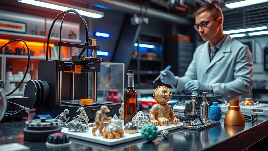 A futuristic laboratory setup with a 3D printer and various materials, including metals and micro-robots, with a scientist in the background examining the printed objects.