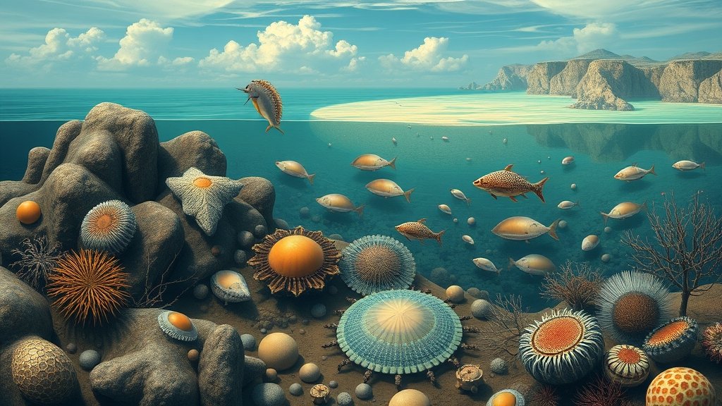 An illustration of a 512-million-year-old marine ecosystem with diverse soft-bodied organisms, set against a backdrop of ancient oceanic landscape