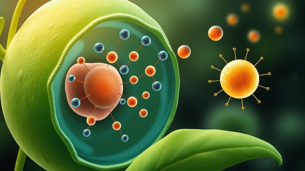An illustration of a plant cell with molecules sending signals to pollen, representing the concept of molecular communication in plant development.