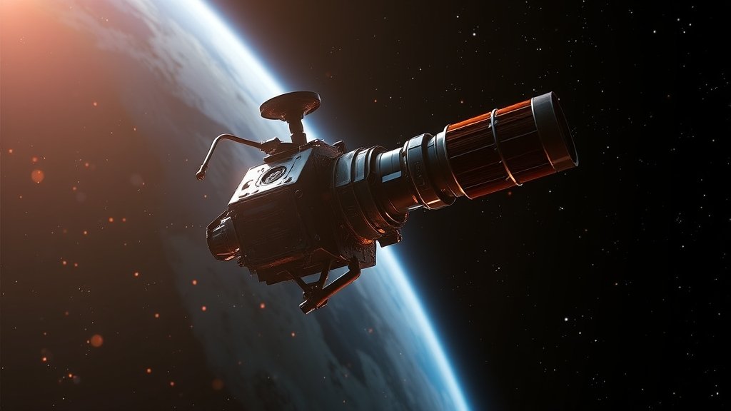 A futuristic illustration of the Hubble Space Telescope in space, with a subtle AI-generated glow surrounding it, highlighting the discovery of strange cosmic objects.