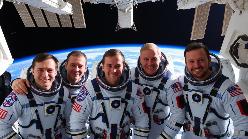An image of the SpaceX Crew-12 astronauts in front of the International Space Station, with the Earth visible in the background.