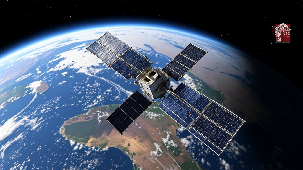 A high-resolution image of a GPS satellite in space with the Earth in the background, with a subtle hint of a military or defense theme.