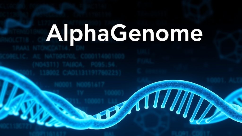 A detailed illustration of the AlphaGenome AI model analyzing DNA sequences, with a background of genetic code and molecular structures.