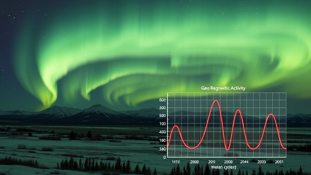 Aurora borealis over a landscape with a graph of geomagnetic activity in the background, illustrating the connection between solar cycles and geomagnetic disturbances.