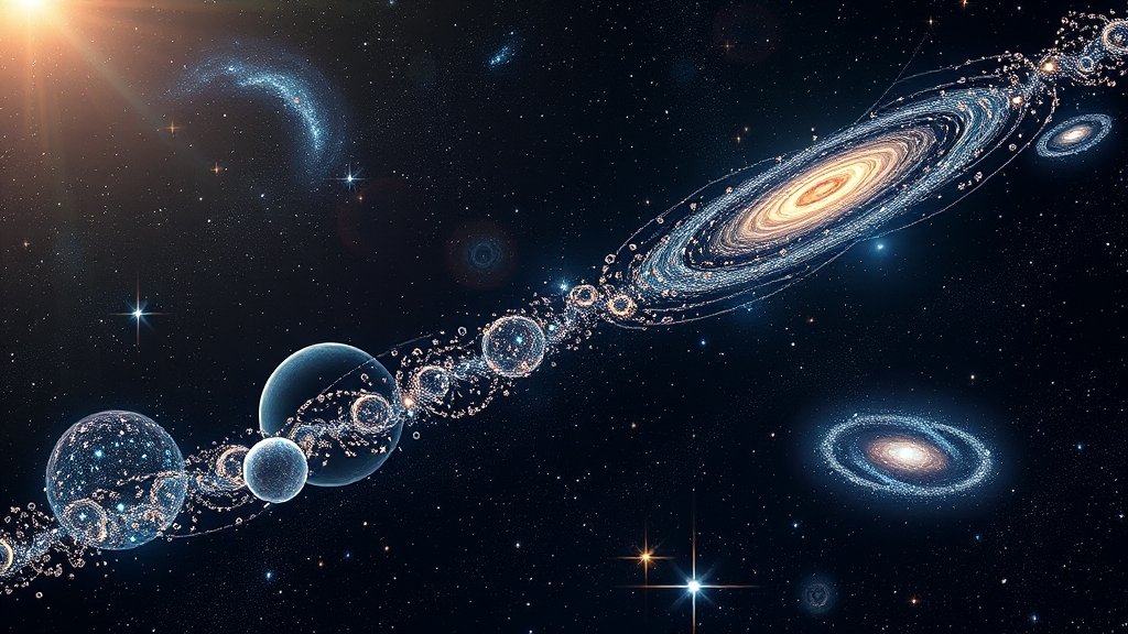 An illustration of the early universe with particles and forces interacting, depicting the concept of a near-perfect fluid, with a background of stars and galaxies forming.