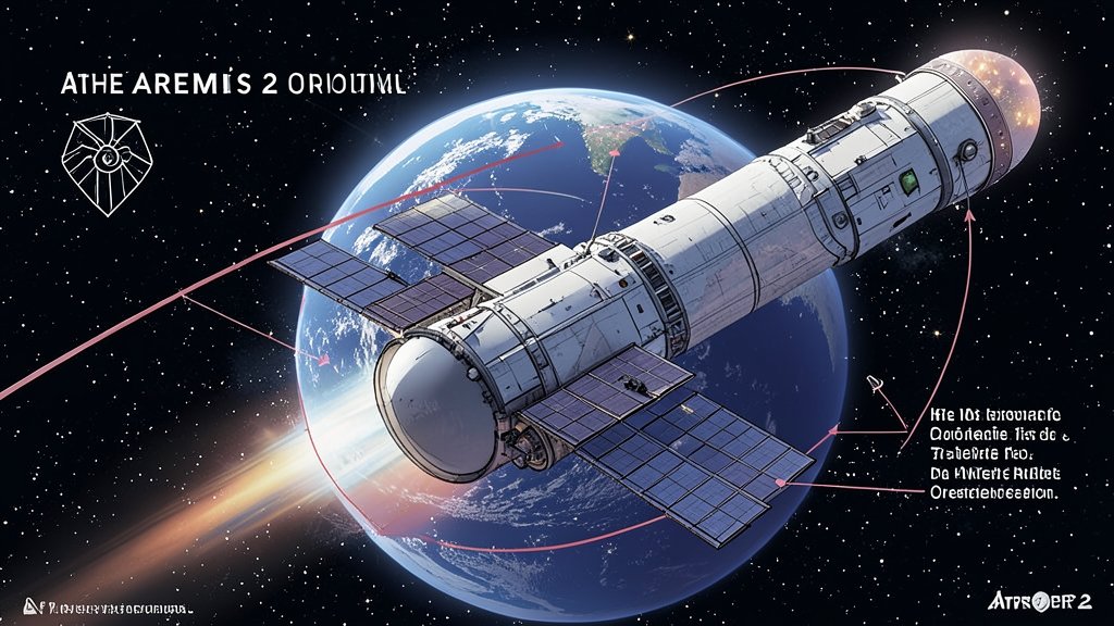 An illustration of the Artemis 2 spacecraft in orbit around the Moon, with the Earth in the background, highlighting the mission's objectives and technological advancements.