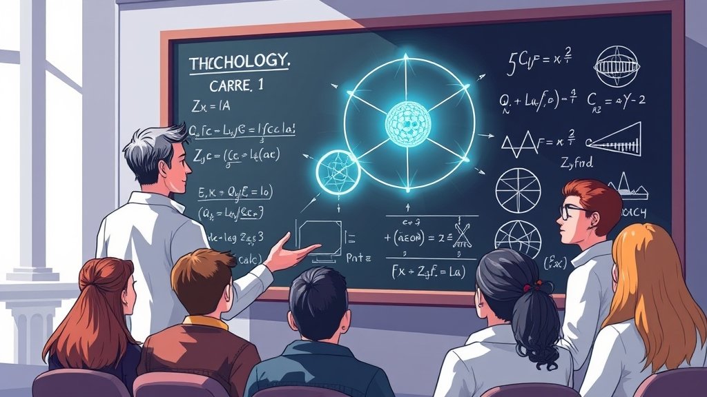 A futuristic illustration of a person explaining quantum technology to a group of students, with equations and diagrams on a blackboard in the background.