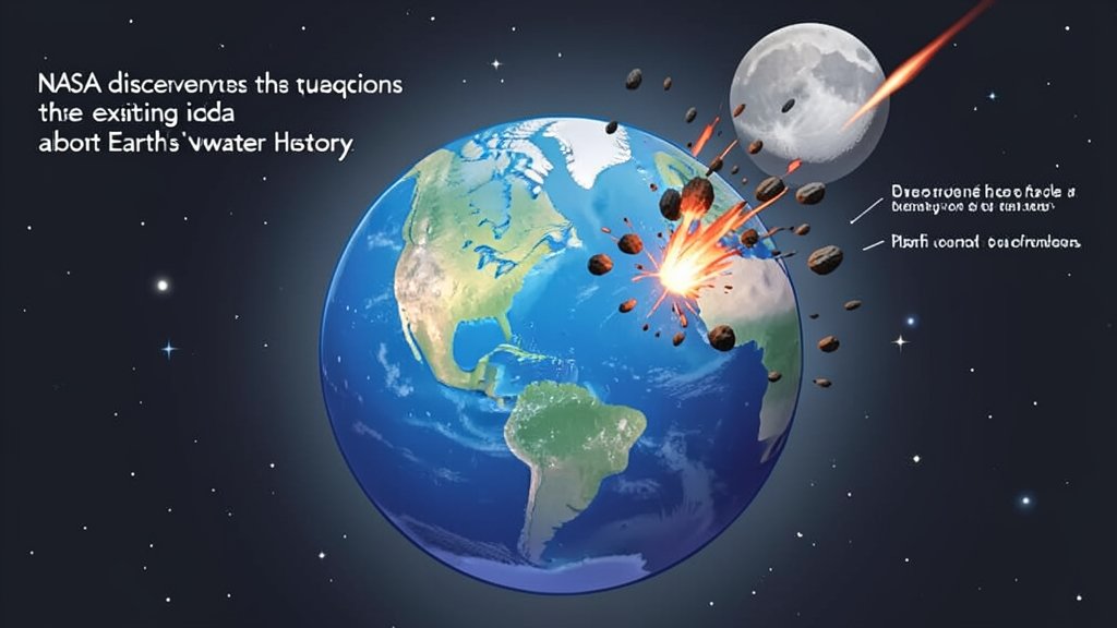 An illustration of the Earth with meteorites crashing into it, with a subtle background of the Moon and a few stars, symbolizing the NASA discovery that questions the existing idea about Earth's water history.