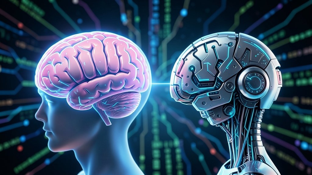 A futuristic illustration of a human brain and a robot brain side by side, with a blurred background of code and circuitry, symbolizing the intersection of human and artificial intelligence.
