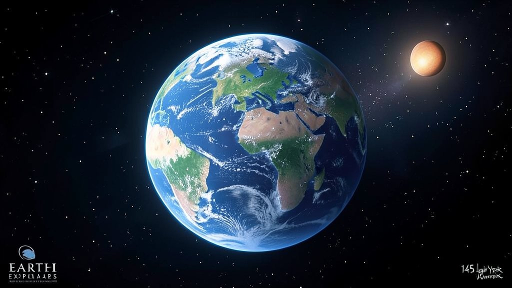A detailed illustration of a newly discovered Earth-sized exoplanet, 146 light-years away, with a possible icy surface and a distant star in the background, conveying a sense of discovery and wonder.