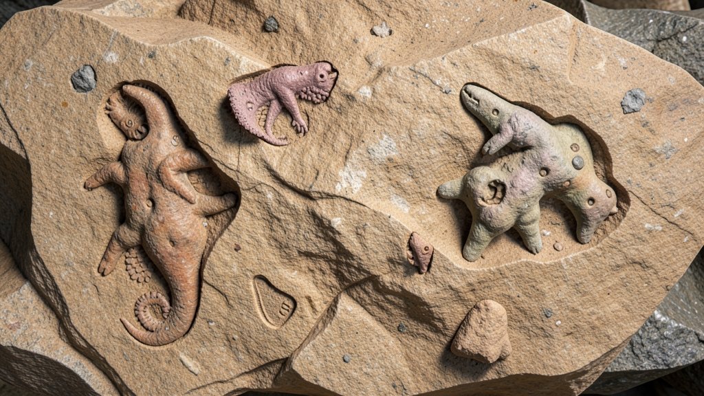 A detailed illustration of Ediacara Biota fossils embedded in sandstone, with a few of the strange, soft-bodied creatures highlighted in a 3D-like manner, as if they are about to come out of the rock.