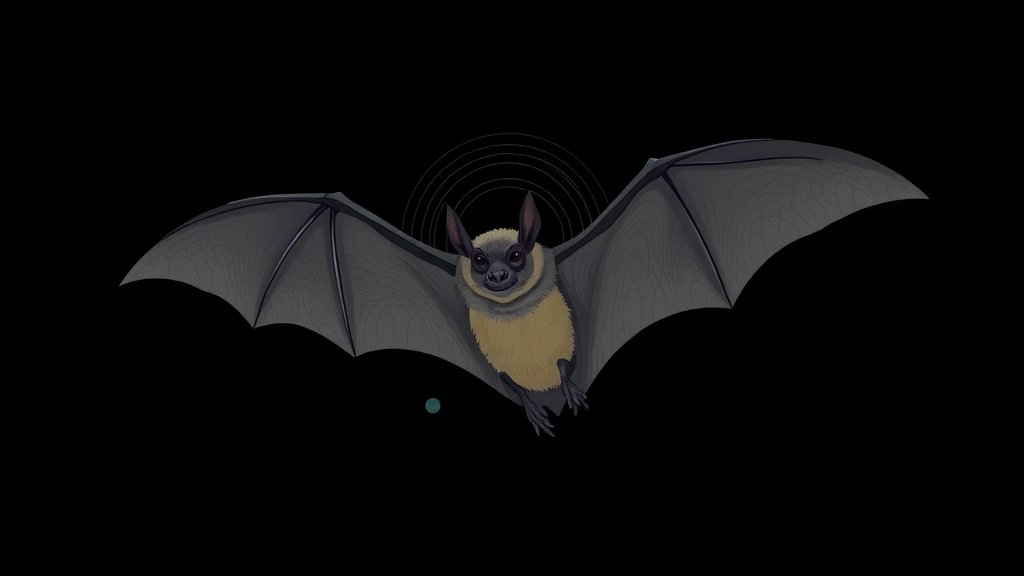 An illustration of a bat using echolocation to navigate through darkness, with a subtle hint of a sound map in the background.