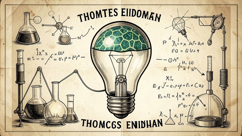 An illustration of Thomas Edison's light bulb with a graphene layer, surrounded by scientific equipment and formulas, in a vintage style with a touch of modernity.