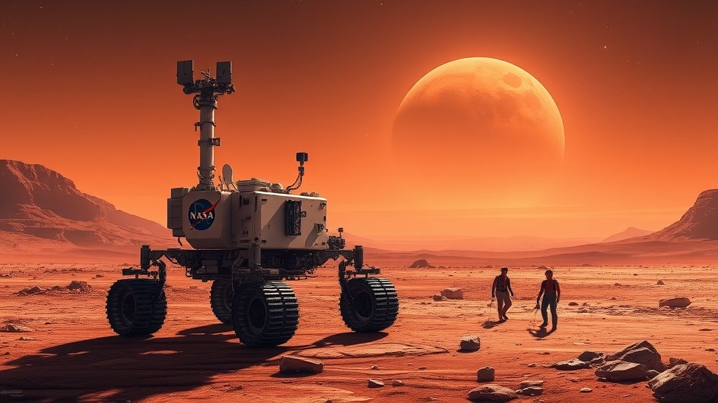 A futuristic illustration of a NASA rover on Mars with a distant view of the planet's landscape, incorporating AI-generated elements to highlight the role of artificial intelligence in space exploration.
