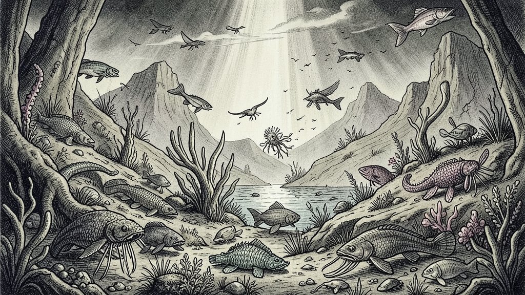 An illustration of ancient marine life during the Cambrian Era, with diverse species and a dramatic landscape, symbolizing the emergence of complex life on Earth