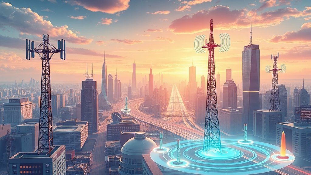 An illustration of a futuristic city with 6G wireless communication towers and devices, highlighting the use of terahertz technology for ultra-fast data transfer.