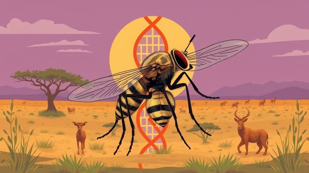 An illustration of a tsetse fly with a DNA helix in the background, surrounded by African savannah landscape elements