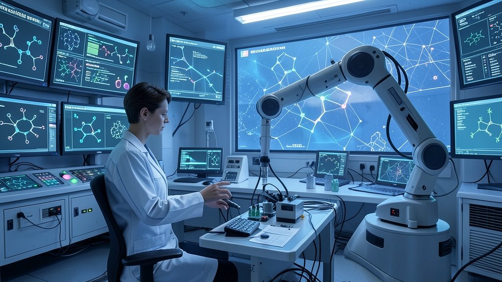 A futuristic laboratory with a scientist working alongside a robotic arm, surrounded by screens displaying molecular structures and AI-generated compounds.
