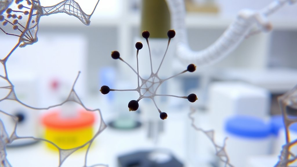 A microscopic image of Lycoriella ingenua, with a focus on its reproductive structures, set against a backdrop of a laboratory setting with genetic research equipment.