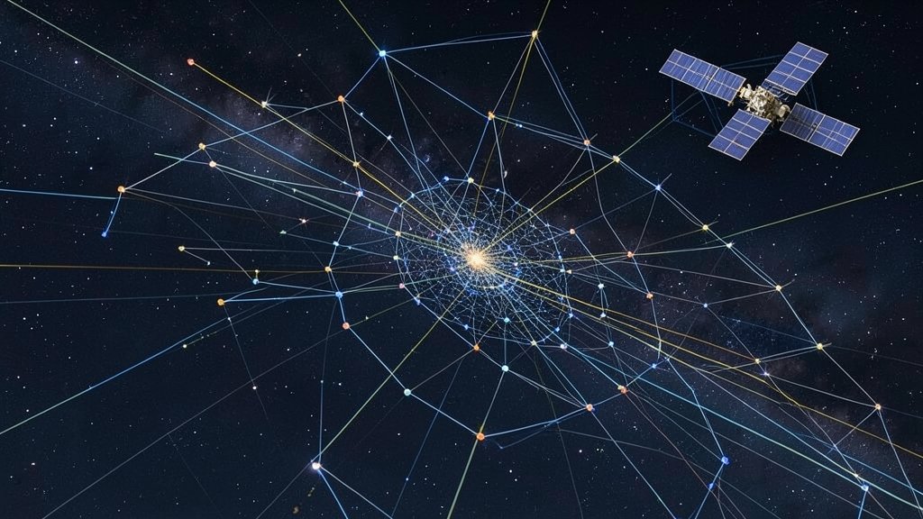 A detailed illustration of the Starlink satellite constellation in low Earth orbit, with a Chinese satellite in the background, and a subtle hint of a near-miss collision.