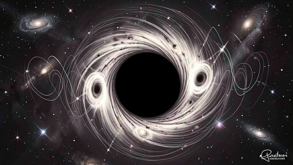 An illustration of a black hole with accretion shocks and oscillating patterns, with a subtle background of stars and galaxies