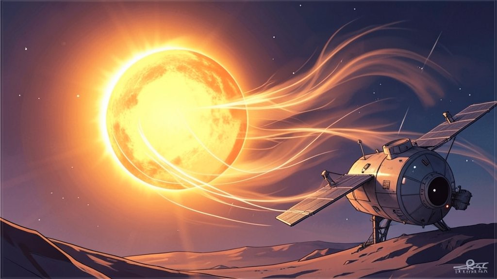 An illustration of the sun with solar wind flowing out of it, with a spaceship or a satellite in the background, collecting data on the solar wind.