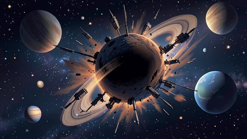 An illustration of a runaway black hole disrupting a planetary system, with stars and planets in the background