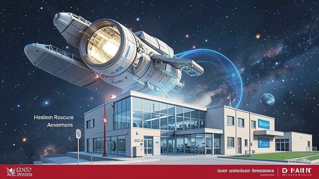 A conceptual illustration of a spaceship in the background with a hospital or medical facility in the foreground, highlighting the connection between space research and healthcare advancements.