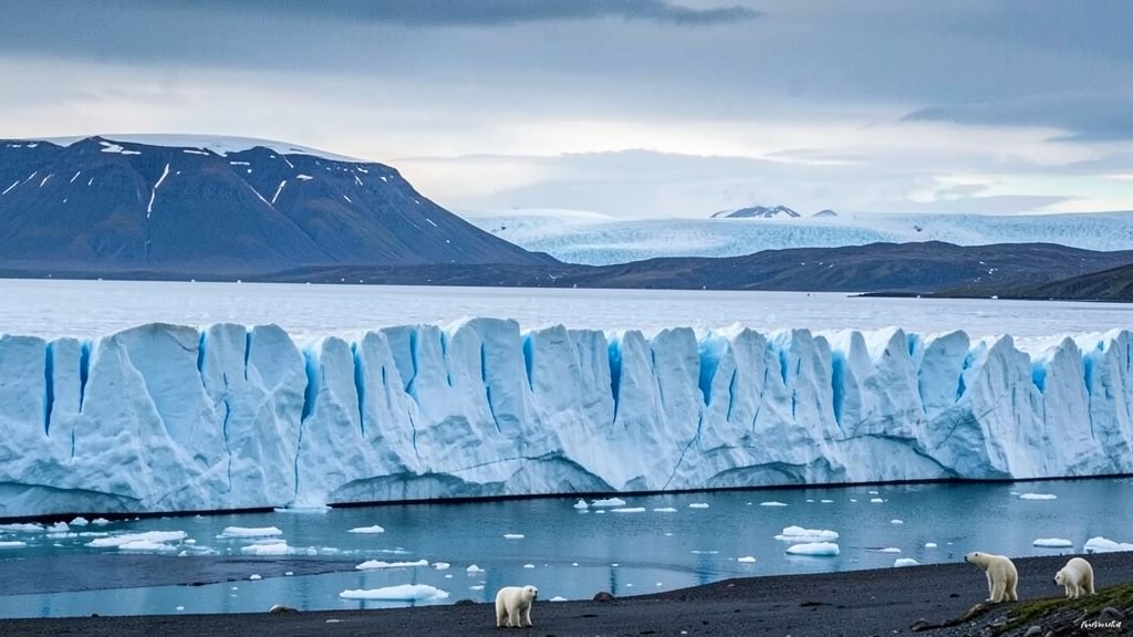 A dramatic image of a glacier melting in Greenland, with a backdrop of a serene Arctic landscape and a few polar bears in the distance, highlighting the impact of climate change on the region.