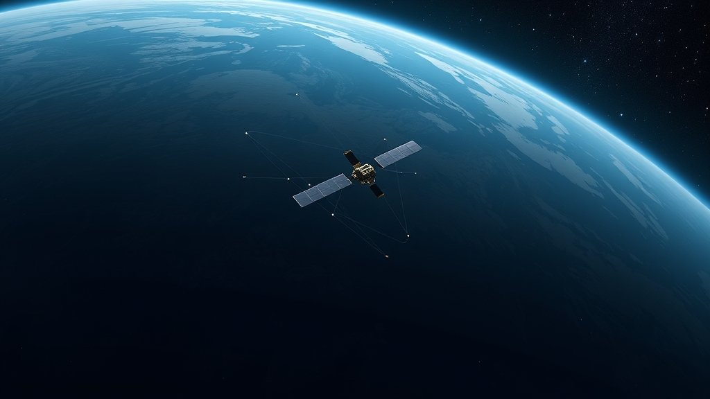 An illustration of the Amazon Leo satellite constellation in Earth's orbit, with a subtle background of the night sky and stars, highlighting the potential disruption to astronomical research.