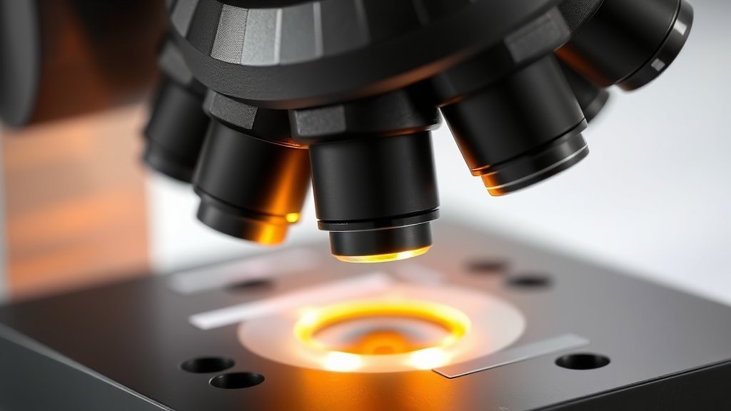 A high-contrast image of a refractive-index microscope with a sample under examination, highlighting the intricate details of the microscope's optical components.