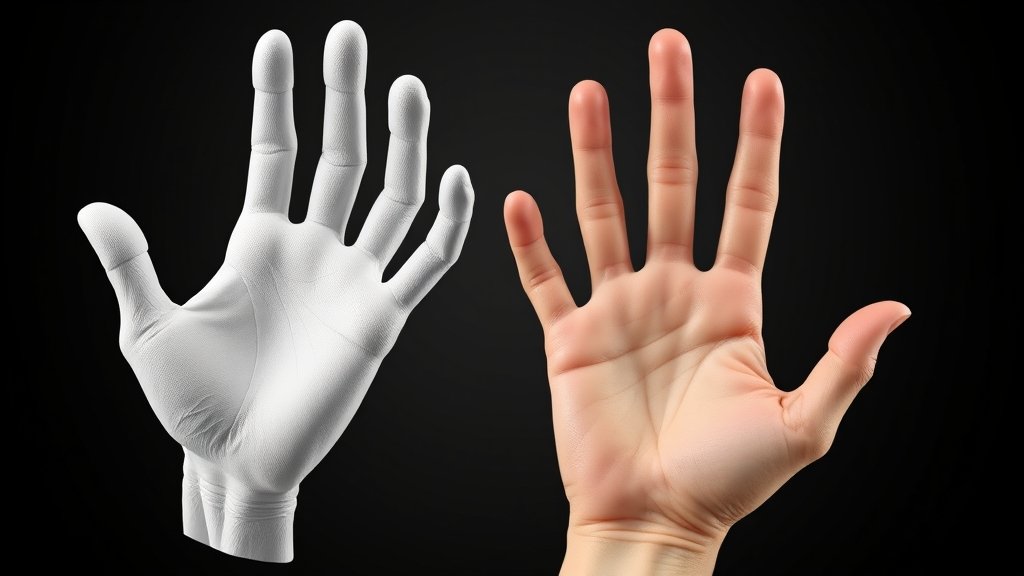 A detailed illustration of a 3D printed human hand with intricate details and a comparison with a real human hand