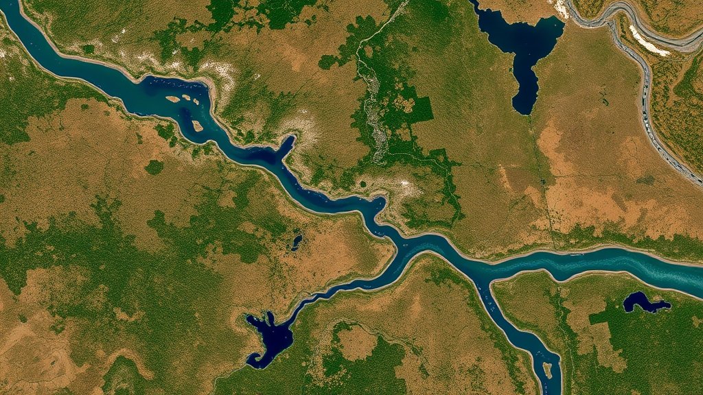 A high-resolution satellite image of a river flowing across a diverse landscape, with visible vegetation, water bodies, and surrounding terrain.
