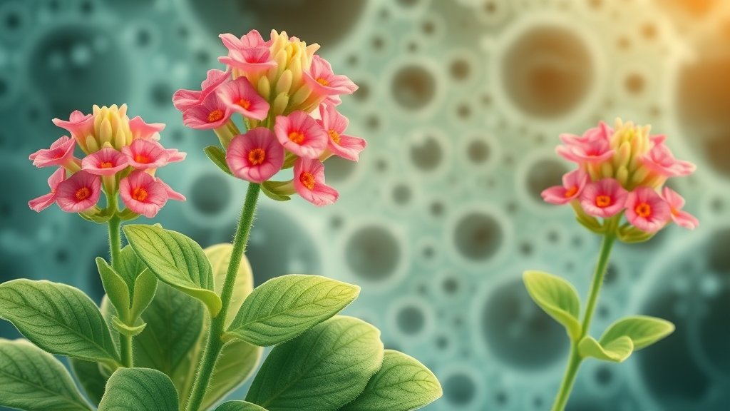 An illustration of Kalanchoe plants with a microscope image of their cells in the background, highlighting the genetic and epigenetic mechanisms at play