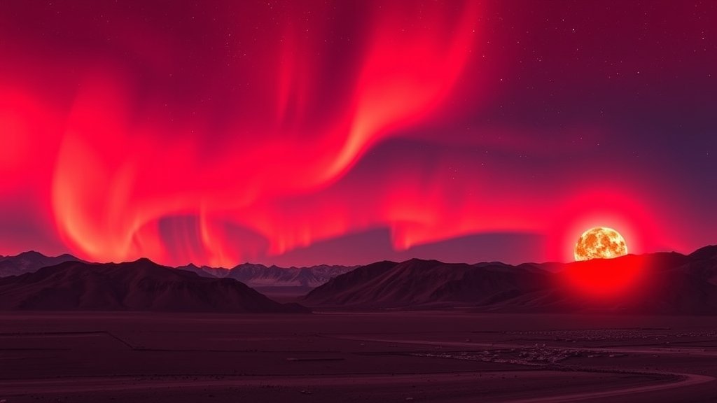 A blood-red aurora over the Ladakh landscape with a subtle hint of a solar flare in the background, symbolizing the connection between space weather and technological disruptions.